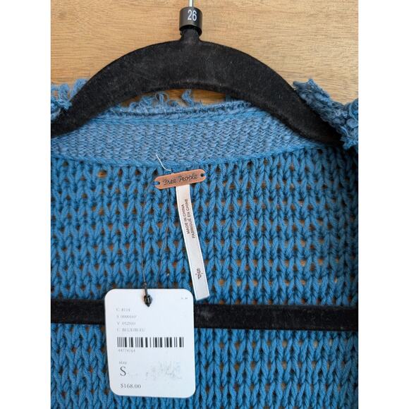 Free People Longline Cardigan Womens Small Blue Knit Frayed Trim Open Front - Picture 3 of 4
